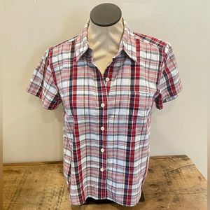 American Eagle Red & Blue Plaid Short Sleeve Button Down Top, Summer Blouse